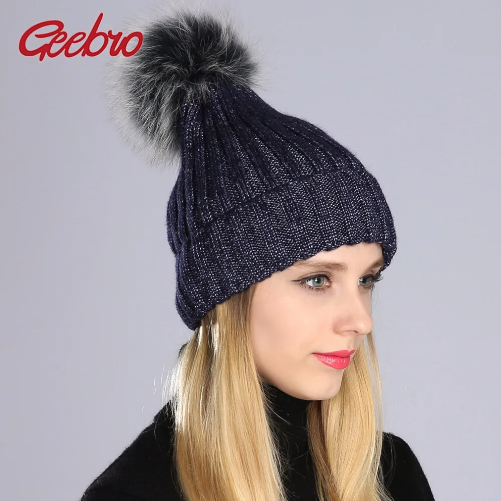 

Geebro Women's Winter Casual Warm Knitted Beanies With Real Raccoon Fur Pom Pom Hats Girls Soft Casual New Skullies Caps Bonnet