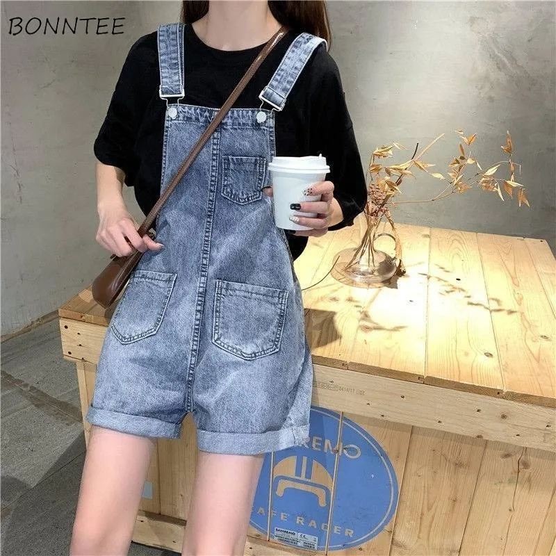 Playsuits Women Solid Denim Pockets Korean Style Loose Casual Summer ...