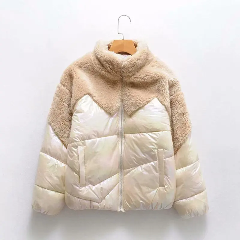 

F7867-Korean-style WOMEN'S Wear 2019 Autumn And Winter New Style Stand Collar Lambs Wool Joint Bright Surface Cotton Overcoat Wo