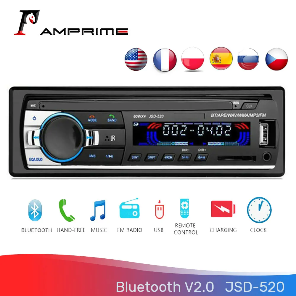 AMPrime мультимедийный плеер 1Din 12 В Bluetooth 2 0 автомагнитола FM MP3 USB цифровая