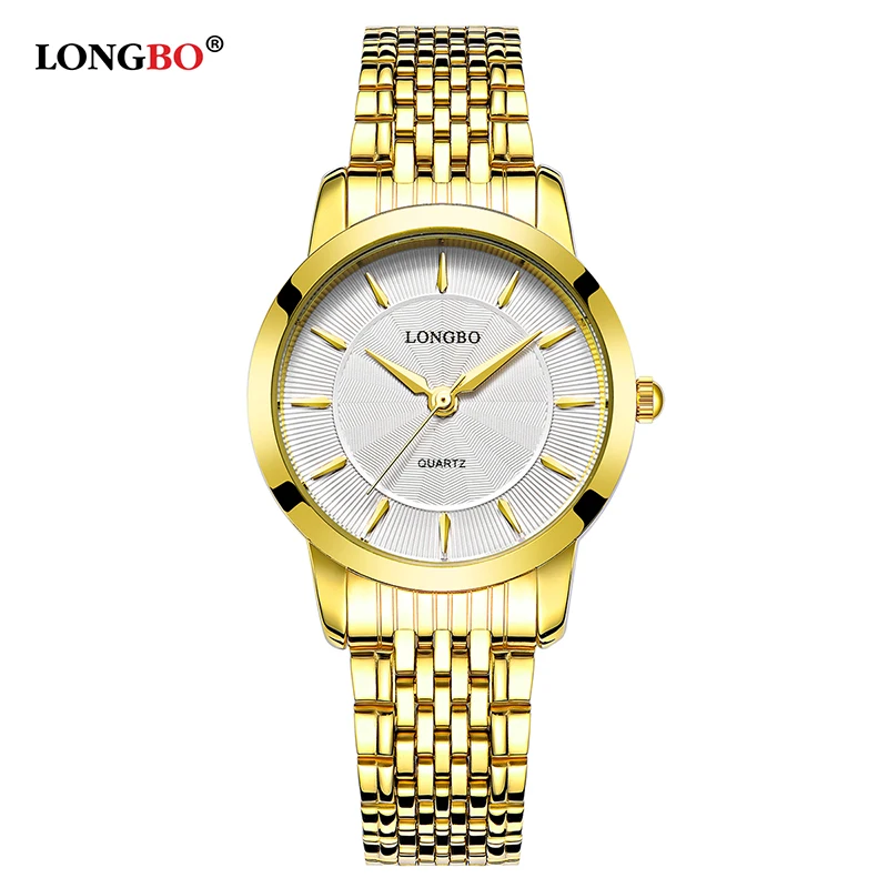 Gold WhiteWomen Кварцевые часы LONGBO, часы для влюбленных, подарки, пара аналоговых часов, стальные деловые наручные часы, женские модные повседневные часы 80283 - Цвет: Gold WhiteWomen