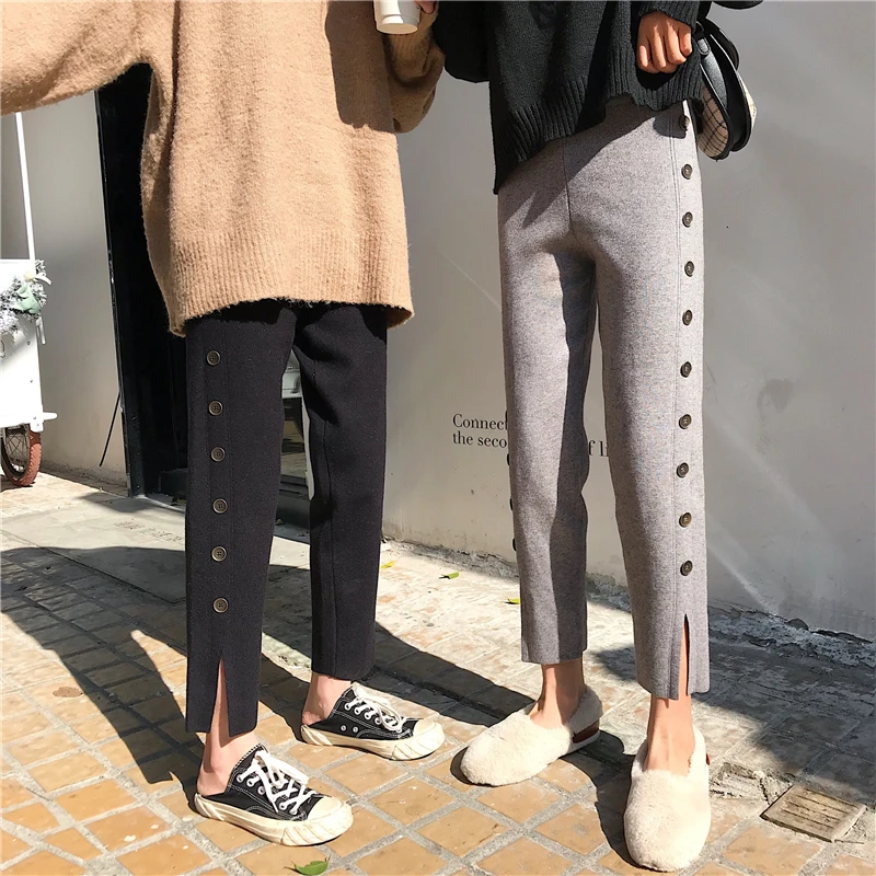 

Mazefeng 2019 New Spring Autumn Vintage Pants Female Ankle Length Forked Pants Women Button Casual Straight Slim Pants Simple
