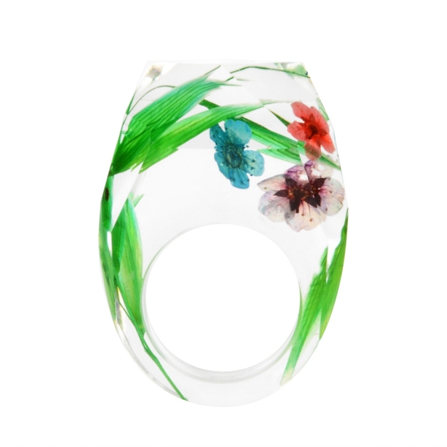 Transparent Forest Handmade Dried Flower Resin Ring Colorful Ink Pattern Scenery for Women Fashion Jewelry Ring