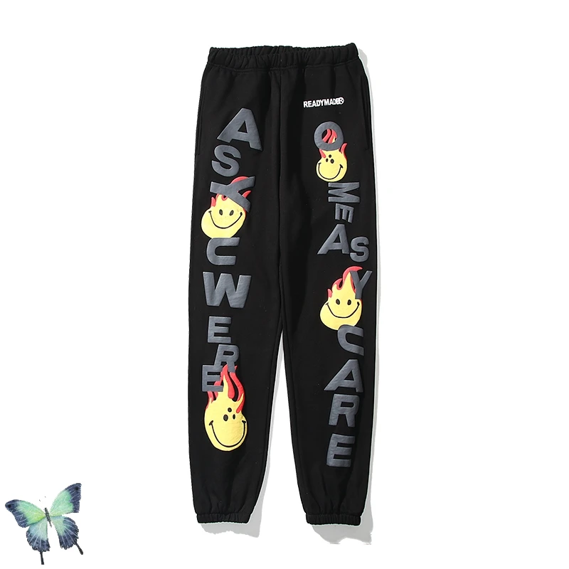 

Autumn Winter Men Women Flame Smiley Three-dimensional Relief Printing Trousers Kapital The Smiley Logo Printing Casual Pants