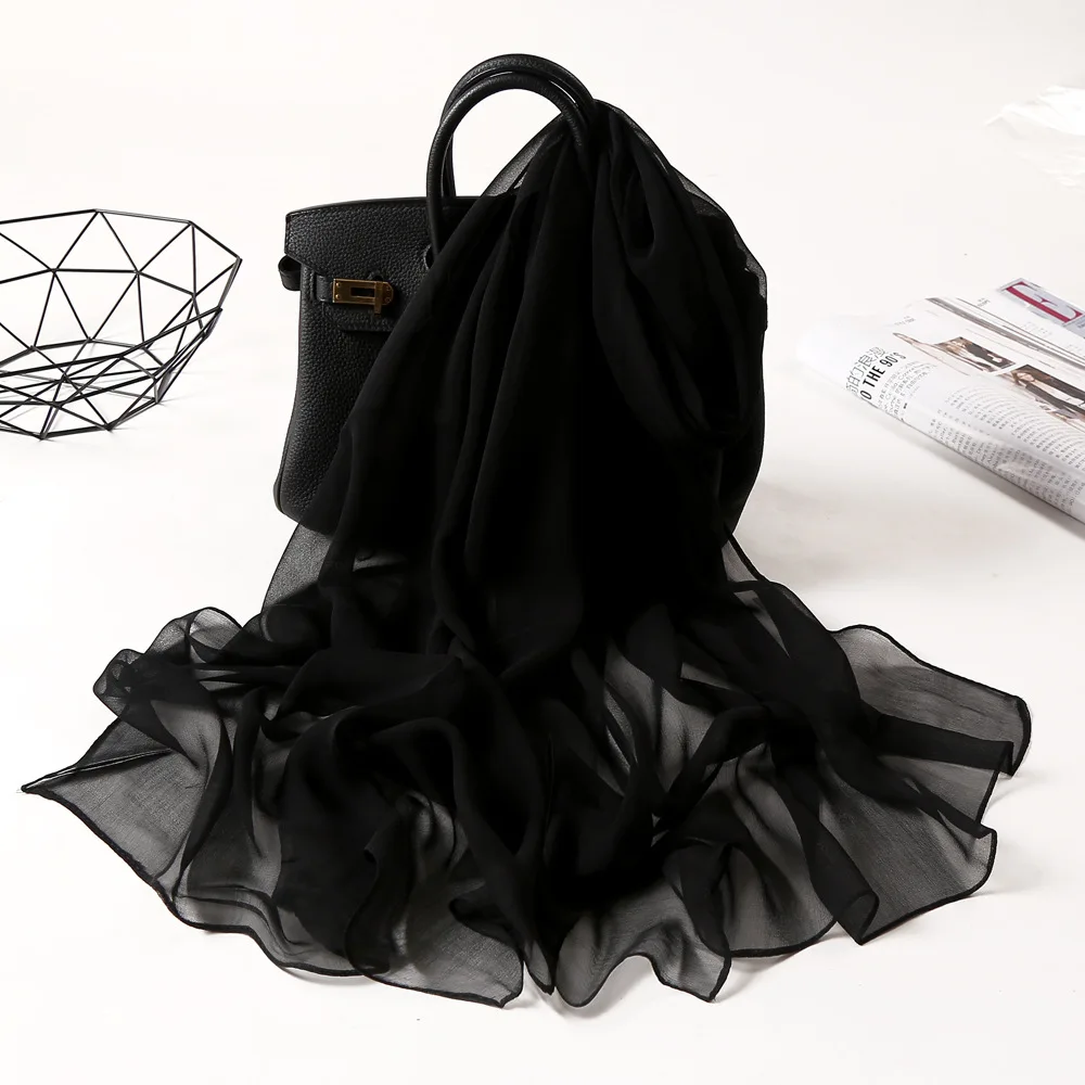 Chiffon Scarves Spring Summer Silk Scarf Fashion Women Solid Color Long Soft Wrap Bandana Muslim Shawl Beach Sunscreen Hijab 5