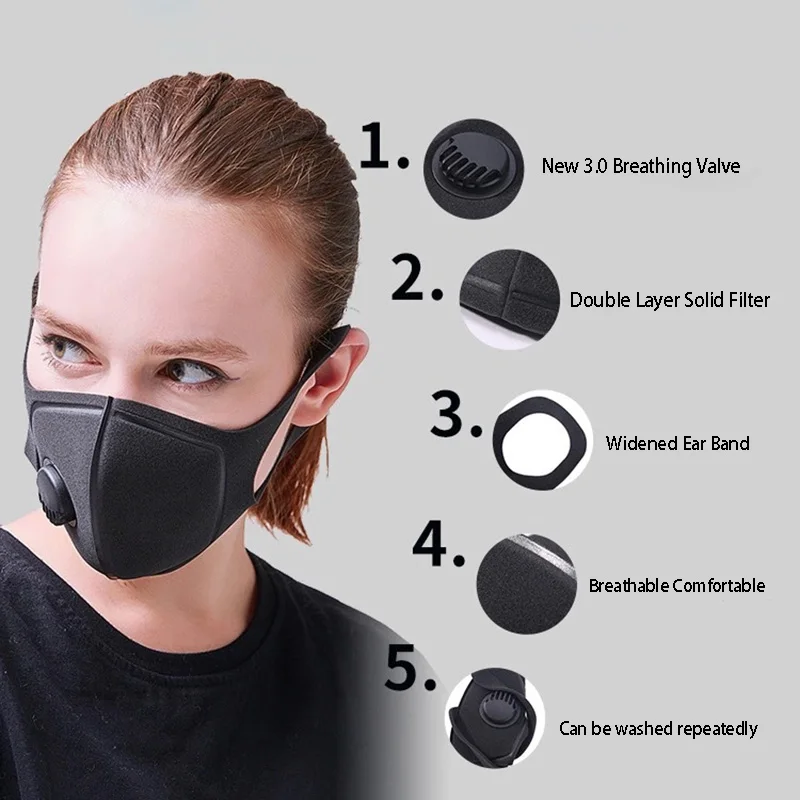 6 pcs Dust Mask Filter Anti PM2.5 Air Pollution Mouth Face Mask Winter Anti Dust Carbon Insert Washed Reusable Masks Men Women