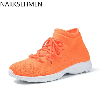 

2020 New Orange Running Shoes Women's Knitted Mesh Fabric Breathable Casual Sneakers Solid Color Flat Shoes Women's Shoes