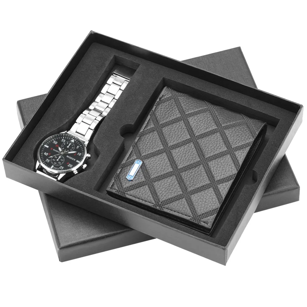 Montres Quartz Bracelet en acier inoxydable portefeuille en cuir+ Coffret cadeau