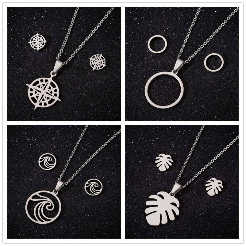Oly2u Stainless Steel Minimalist Simple Round Circle Jewelry Sets Women Summer Beach Palm Leaf Ocean Wave Earrings&ampNecklaces | Украшения