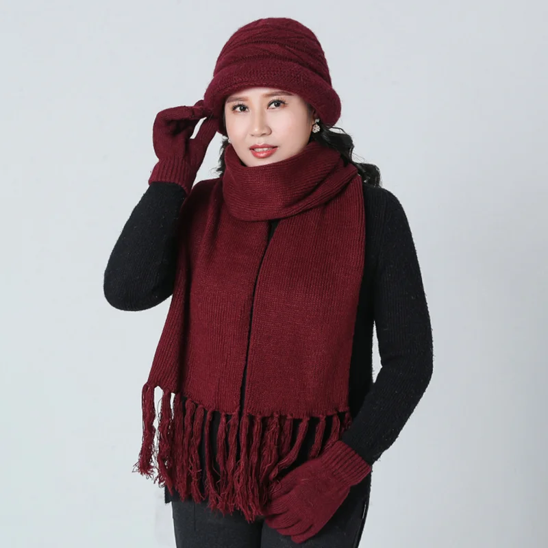 Middle-aged Lady Hat Autumn Warm Wool Mixed Warm Hat Woolen Cap Middle Age Mother Grandmother Knitted Hat scarf gloves Hat - Цвет: 1