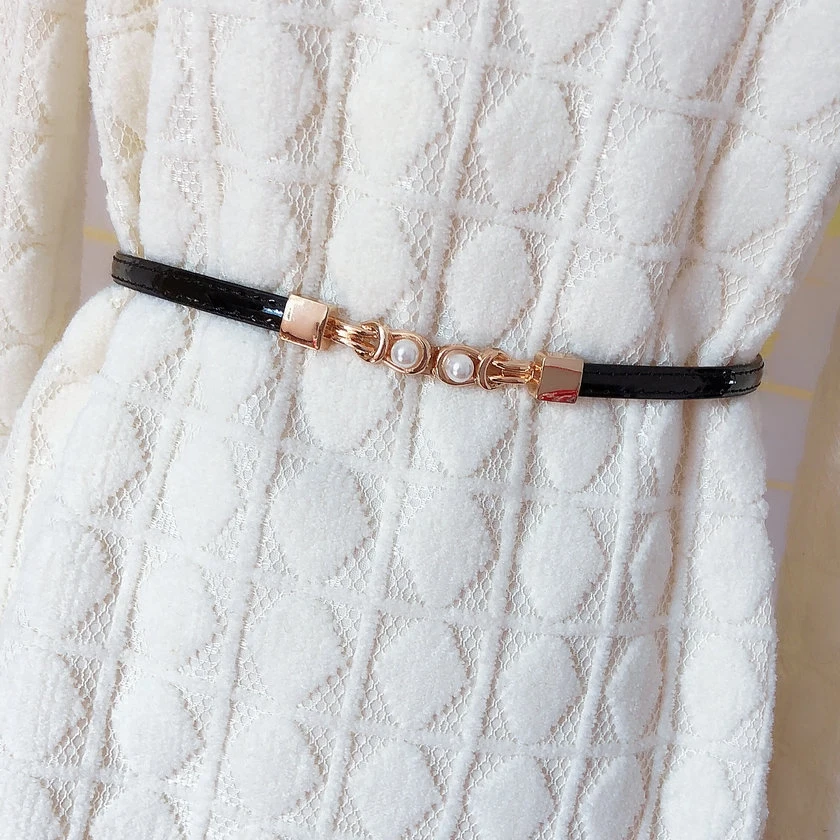 

Brand 2020 New Women Thin Belt Fashion Genuine Leather Dress Belts For Female Luxury Designer Pearl Buckle Decorative Waistband