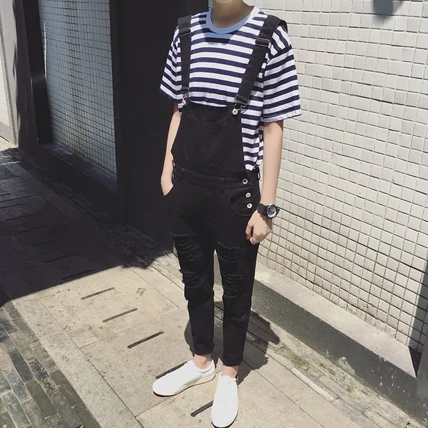 Mens Black White Ripped Jeans Jumpsuit 