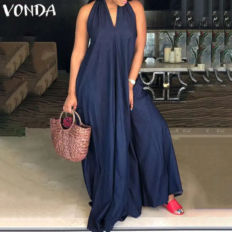 VONDA Fashion Spaghetti Strap Maxi Long Dress 2020 Summer Pockets