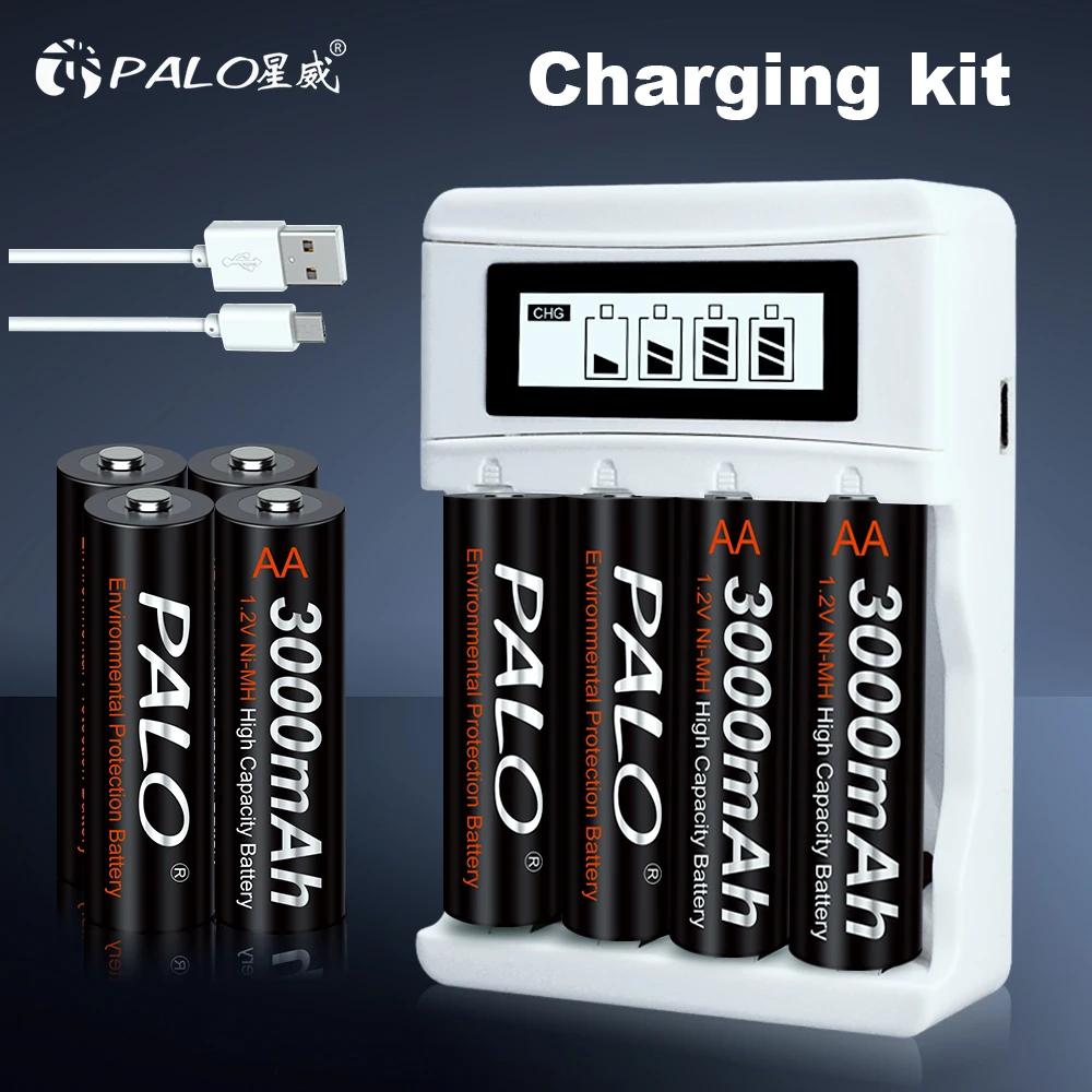 Palo 3000Mah 1.2V Aa Ni-Mh Batteria Ricaricabile + Lcd Smart Battery Charger 1.2V Batterie Aa Per Torcia Microfono Fotocamera