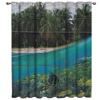 

Surface And Underwater Landscapes With Beach Coconut Trees And Fish Floral Fabric Kids Window Treatment Hardware Sets Curtain