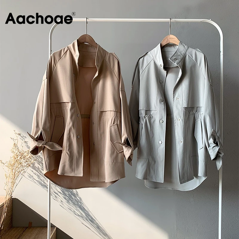 Aachoae 2020 Women Solid Casual Trench Bow Tie Batwing Sleeve Pockets Coat Female Stand Collar Single Breasted Korean Outerwear
