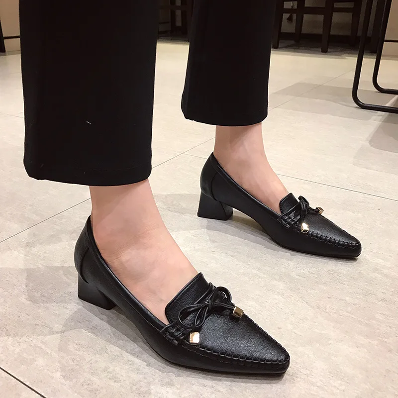 

Popular WOMEN'S Shoes 2019 Autumn Korean-style New Style Chunky-Heel Low-Cut Semi-high Heeled Shoes Bow Pointed-Toe Loafers