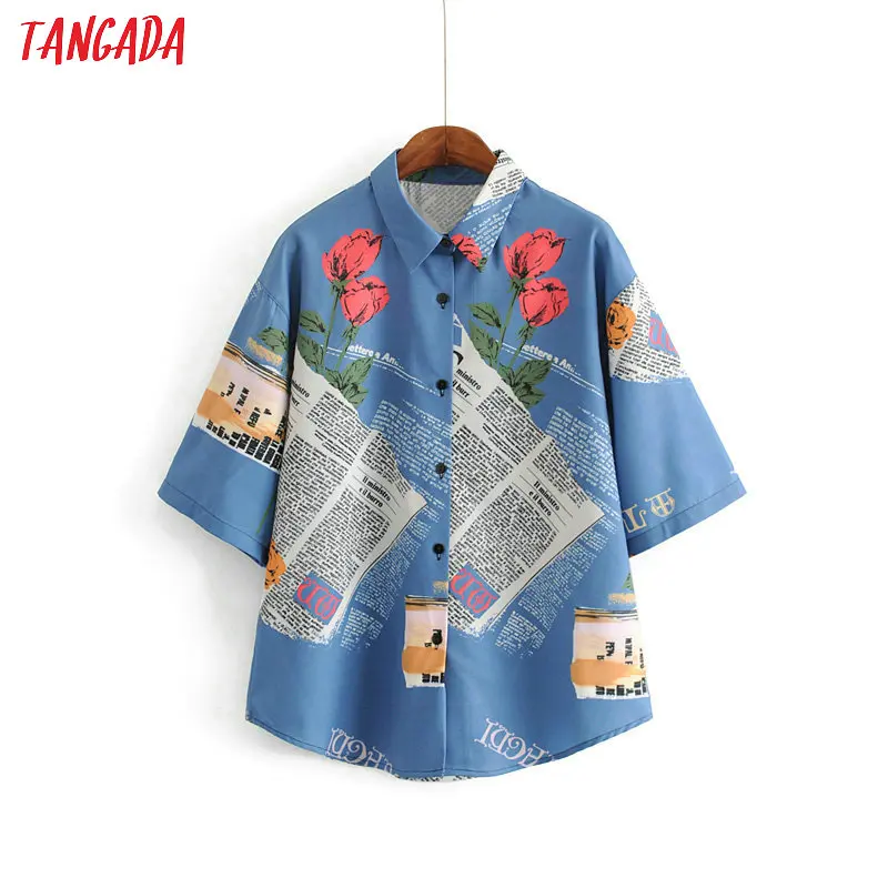 

Tangada women floral print blue blouse japan style vintage turn down collar half sleeve shirts female chic tops AH01