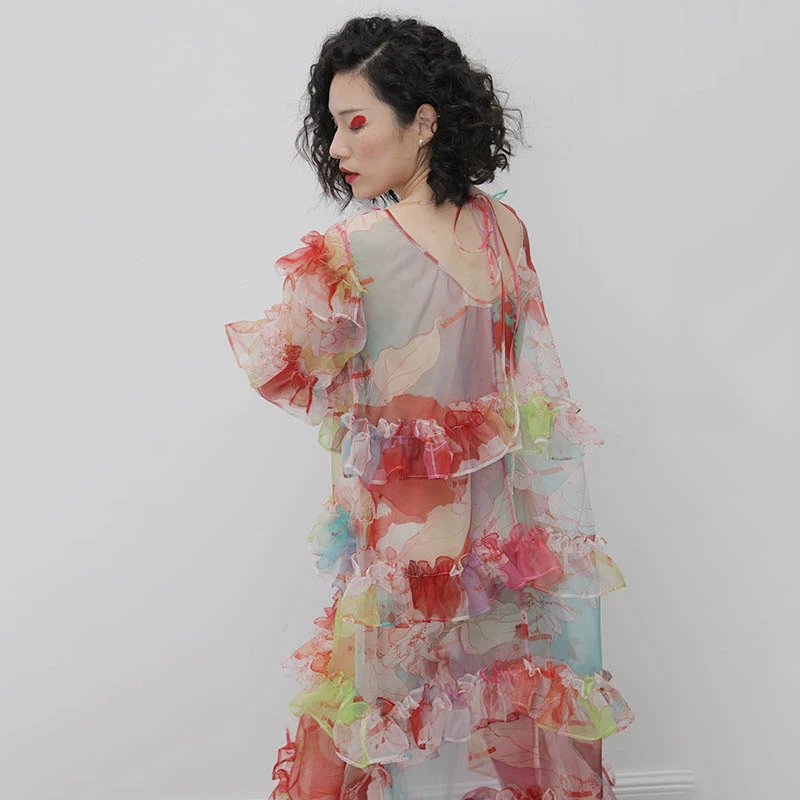 [EAM] женское длинное платье из органзы с принтом, новинка, v-образный вырез, длинный рукав, свободный крой, модный стиль, весна-осень, 1N315