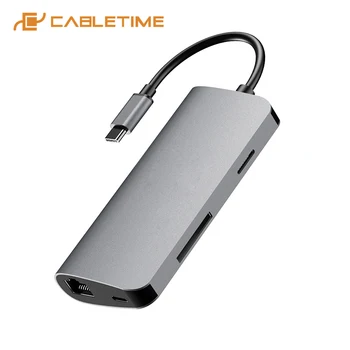 

CABLETIME USB Hub Type C to LAN 1000Mbps USB3.0 HDMI 4K Adapter SD/TF Card Fast Reading PD Port for Macbook Dell Mibook PC C298