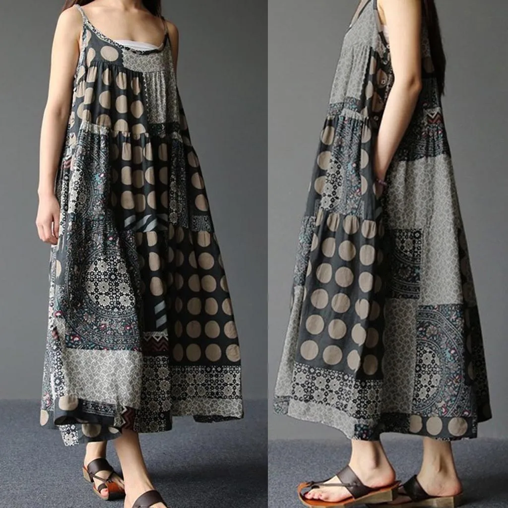 

Women 2019 Women Summer Cotton Linen Strappy Loose Bohe Maxi Print Long Dress Plus Size S-5XL