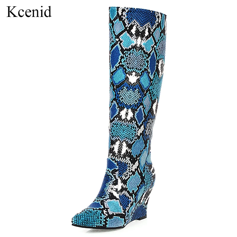 

Kcenid 2020 multi snake boots pointed toe wedge high heels knee high boots winter women shoes booties zipper long boots size 43