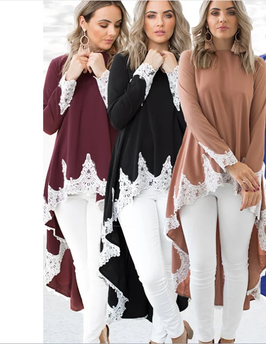 WEPBEL Fashion Long Sleeve Dubai Style Casual Muslim Dresses for Women O Neck Pullover Irregular Hem Tops Solid Color Lace Dress