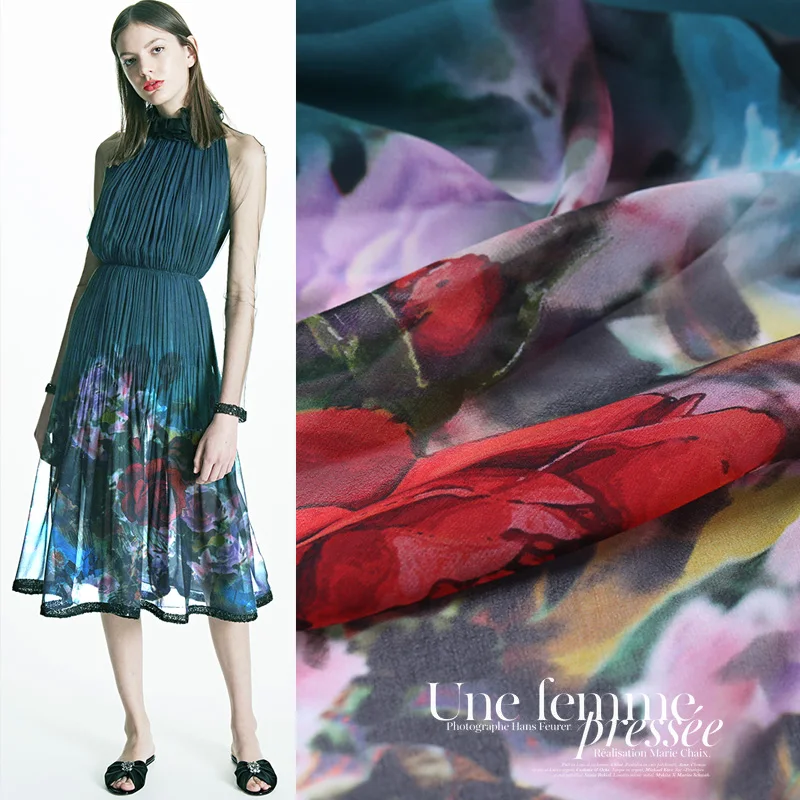 90*114cm/piece Flowers georgette silk fabric for summer dress tissu tissus tela african bazin riche getzner tecidos tessuti DIY