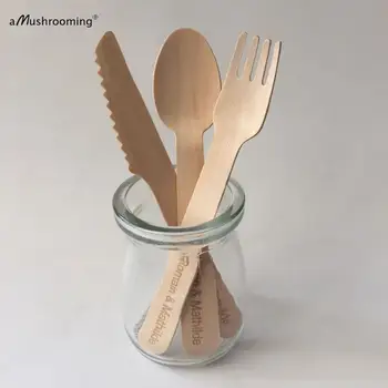

50 Sets Disposable Cutlery Set Wedding Party Tableware Custom Engraved Birchwood Serving Spoons Forks Knives with Name and Date
