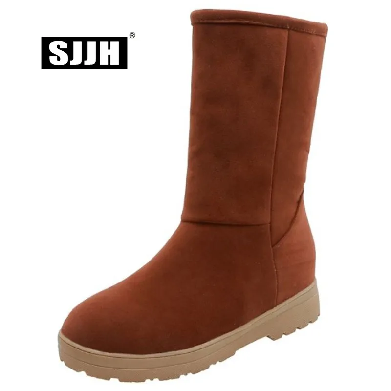 SJJH Women Flat Snow Boots with Round Toe Slip-on Plush Winter Mid-Calf Boots Fashion Casual Shoes Large Size E272