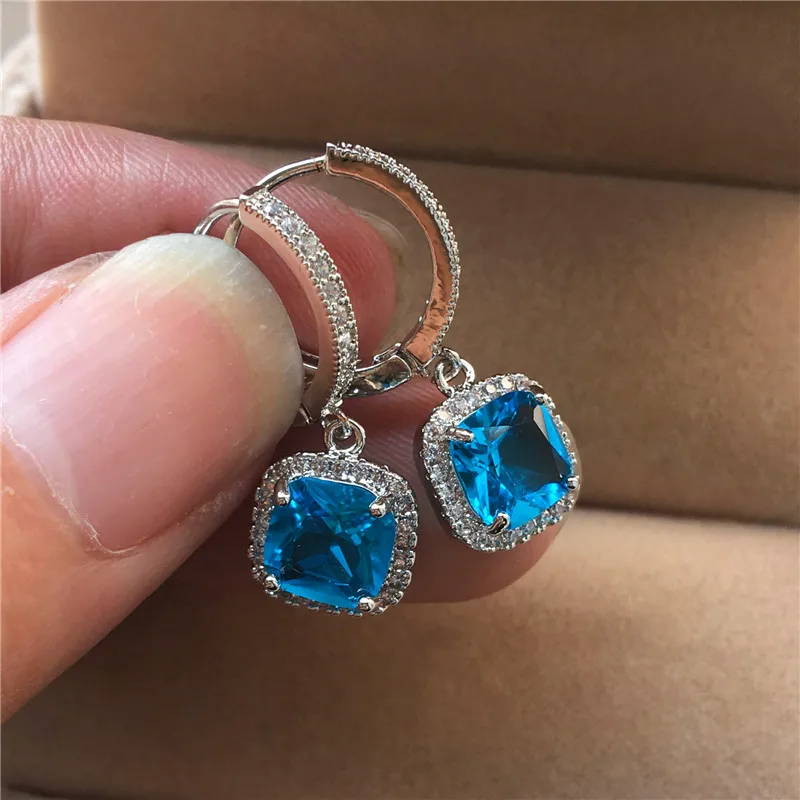 Boho женский розовый синий обруч с камнем Серьги модные 925 пробы серебряные свадебные серьги винтажные Ретро Двойные серьги для женщин