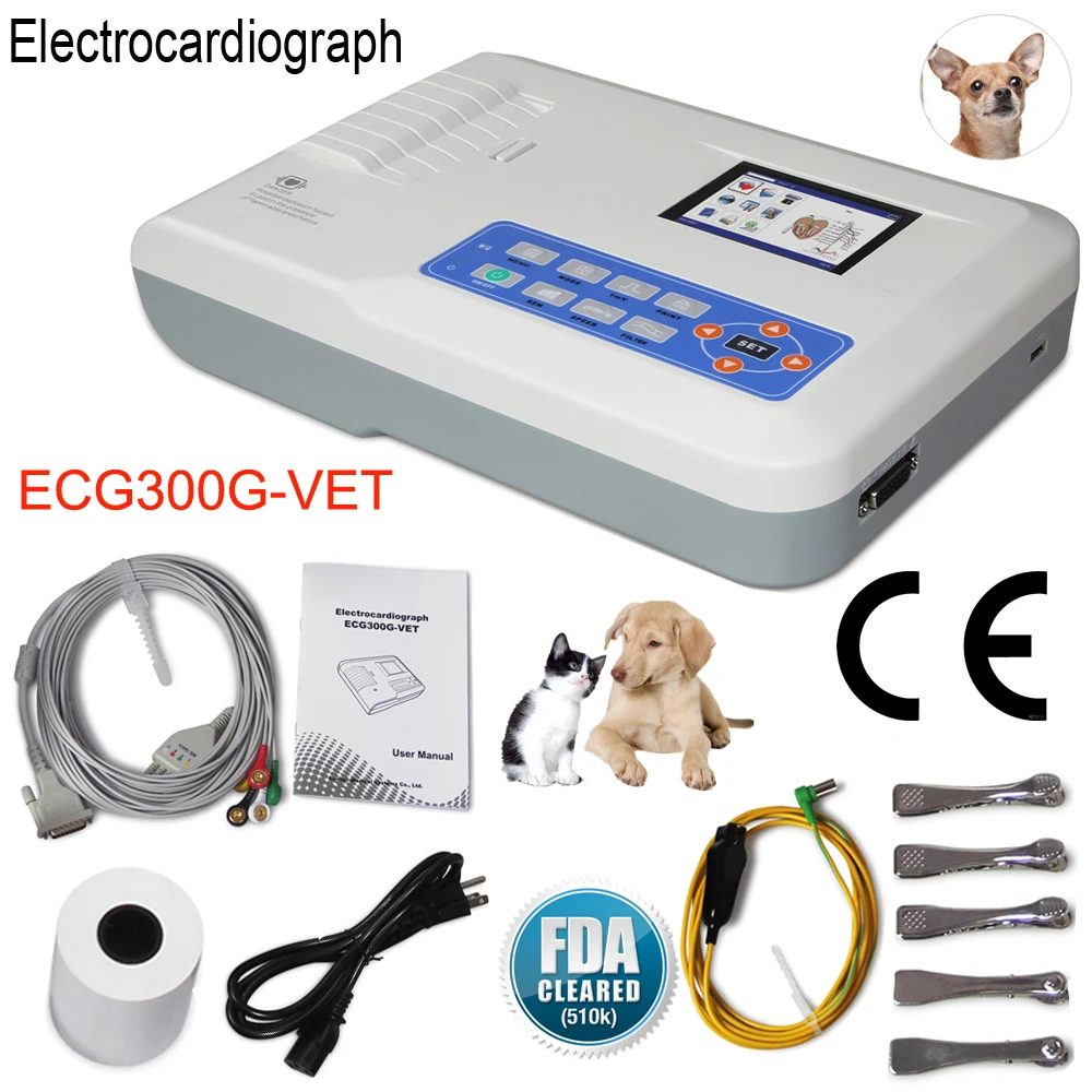 ECG300G-Vet Digital Veterinary Elektrokardiograph Animal 3 Channel Lead ECG Machine Portable EKG Mo