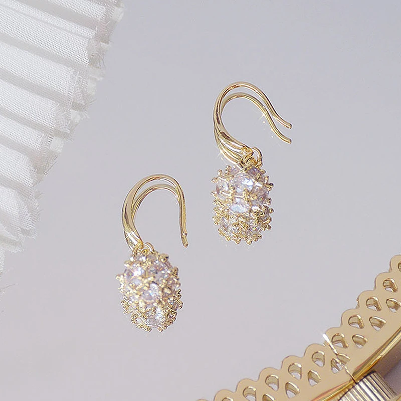 Ins Hot Sale Gold Ball Inlaid Big Zirconia Women Earrings 14K Real Gold Elegant Minimalist CZ Drop Earring Engagement Pendant - Image 4