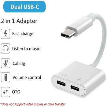 

2-in-1 USB Type C Headphone Charger Adapter Support Fast Charging For Google Pixel Samsung One Plus Mac Book iPad