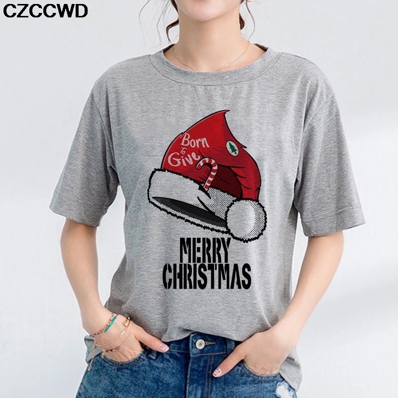 Женская одежда винтажная серая футболка с принтом Merry Christmas повседневные топы в