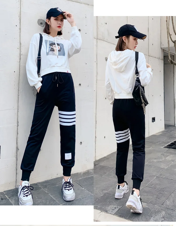 BIVIGAOS Four Bars Cotton Gray Sport Pants Women New Korean Casual Sweatpants Slim Joggers Pants Spring Autumn Sweat Pants