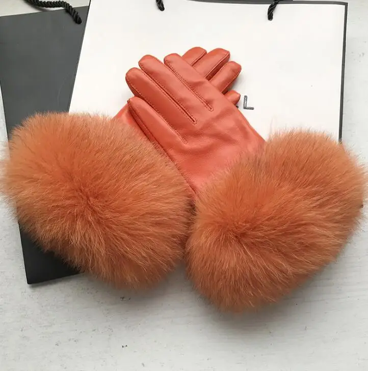 Женские перчатки из натуральной кожи с натуральным мехом лисы, женские теплые перчатки из натуральной овечьей кожи размера плюс оранжевые перчатки для вождения R2457