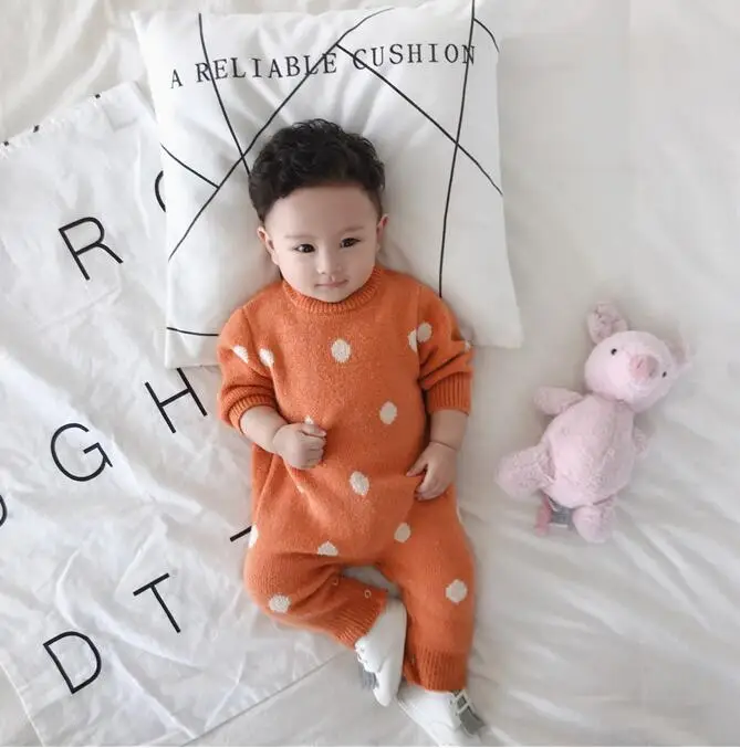 New Style Babys Girls Boys Dots Knitted Romper Cotton Autumn Winter Babys Jumpsuit 6-24 Month PQ43
