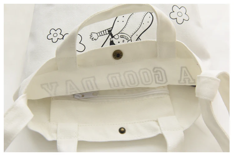 Women Canvas White Cartoon Pattern Ladies Casual Shoulder Bag Foldable Fashion Students Female Simple Bag