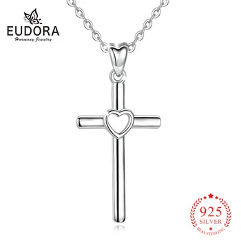 

Eudora 925 sterling silver Cross Pendant Heart cross Necklace simple Silver Jewelry with free box for girl friend gift D431