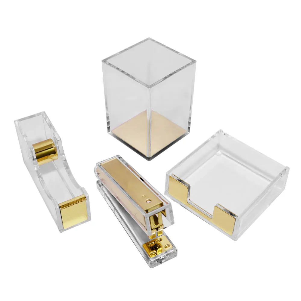 Clear Acrylic Gold Tape Dispenser Stapler with Staples Pen Holder Office Supplies Desktop Accessories Organizer Stationery Set