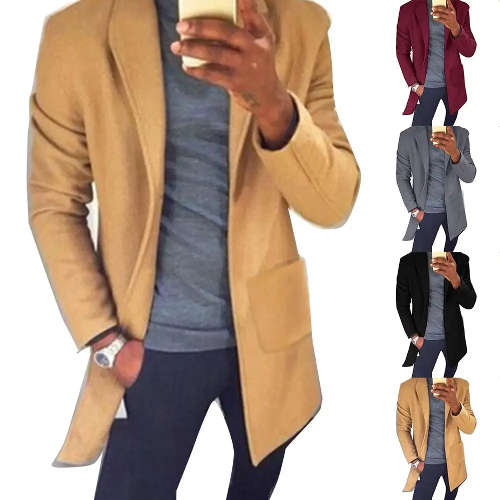 Шикарный мужской осенне-зимний однотонный Длинный блейзер с отложным воротником и карманами, плащ, рождественские подарки, мужская куртка