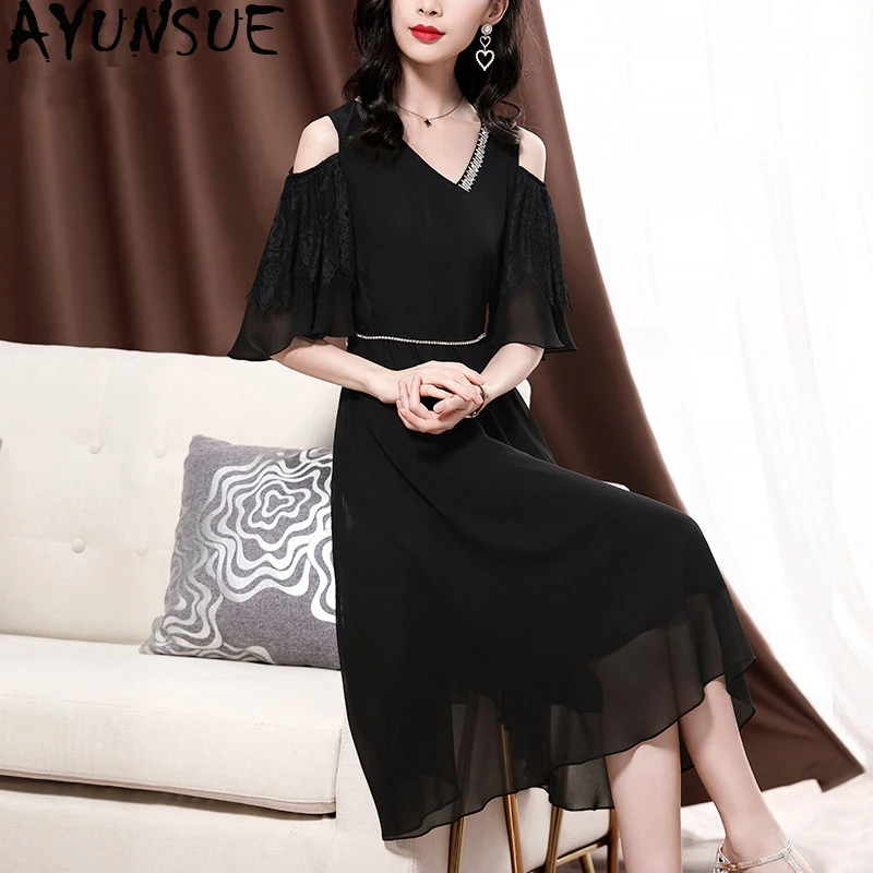 

100% Real Silk Summer Dress 2020 Vintage Elegant Midi Sexy Dress Women Clothes Ladies Dresses Party Black Dress Vestidos MY5830