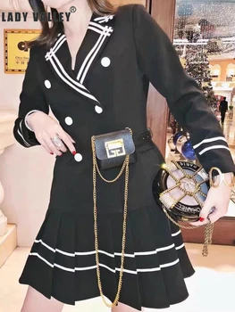 

Black and white contrast collar suit two-piece suit women spring and autumn high waist pleated skirt fashion suit with belt bag
