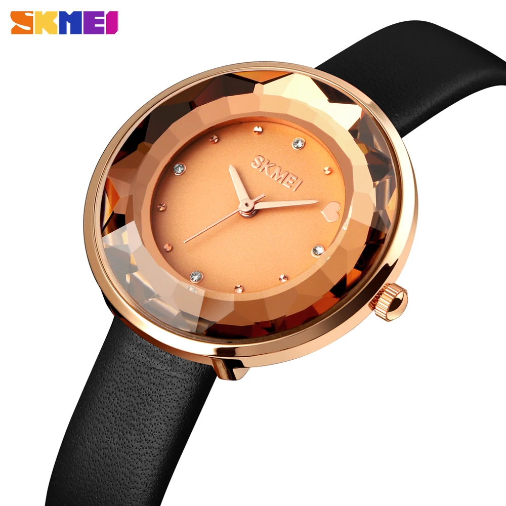 

SKMEI Brand Luxury Quartz Womens Watches Fashion Simple Diamond Design Female Clock Leather Strap Waterproof Bracelet Wristwatch