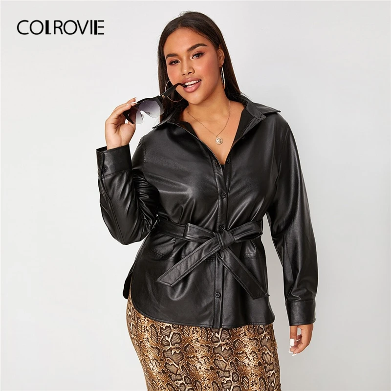 Ideal COLROVIE Plus Button Front Belted PU Leather Jacket Women 2019 Fall Ladies Black Jackets Casual Sin