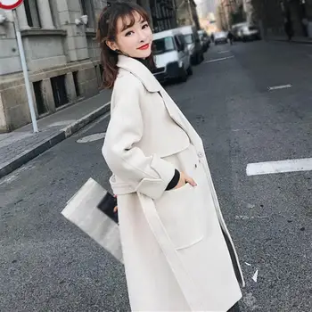 

2019 Autumn New Female Wool Blends Coat Solid Winter Warm Coat Overcoat Women Long Slim Wool Coat