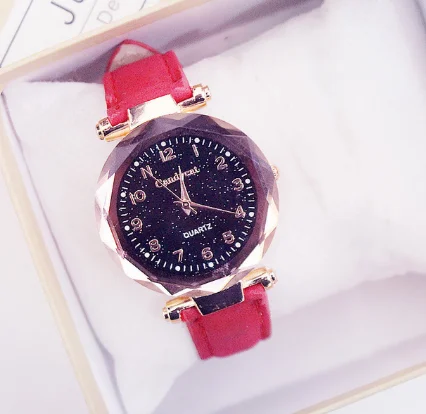 Frauen Uhren очаровательное звездное небо Uhr Frauen повседневное Leder Band Damen Armbanduhr Kleid quaris Uhr montre femme reloj mujer - Цвет: red