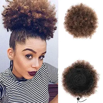 

Kong&Li Ponytail Puff Bun Afro Curly Hair Bun High Drawstring Short Afro Pony Tail Clip in on Synthetic