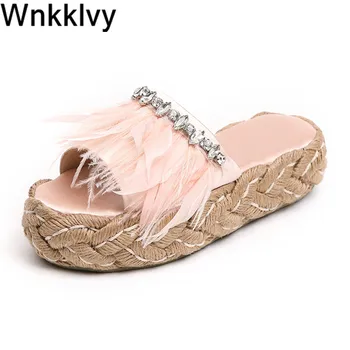 

Summer Hemp rope Slippers Women 2020 Flipflops satin silk crystal fringe feather Lazy Mullers platform wedge high heel sandals